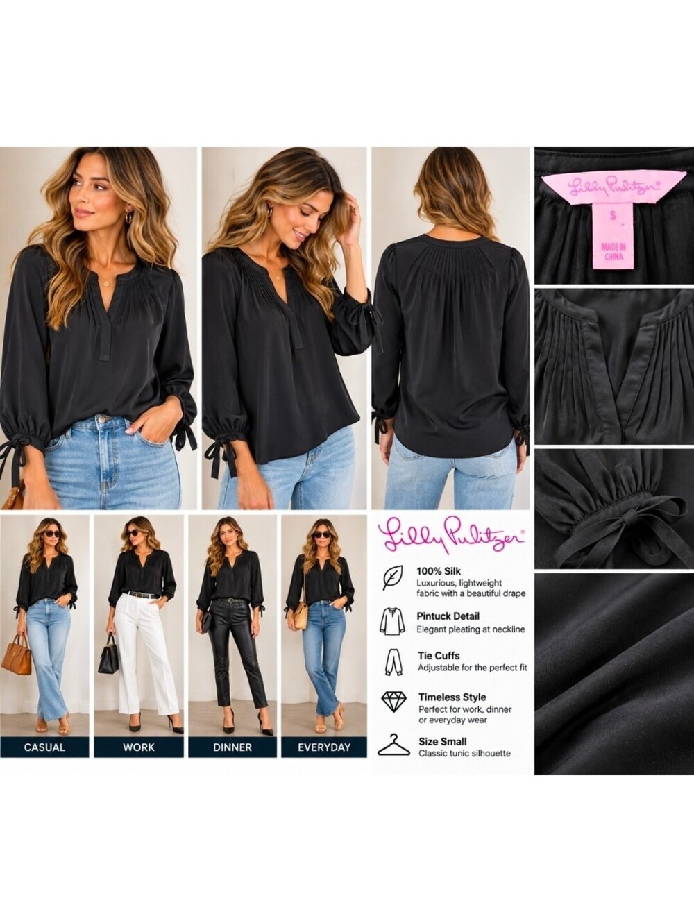 Lilly Pulitzer Women’s Small Black 100% Silk Pintuck Long Sleeve Blouse Tunic